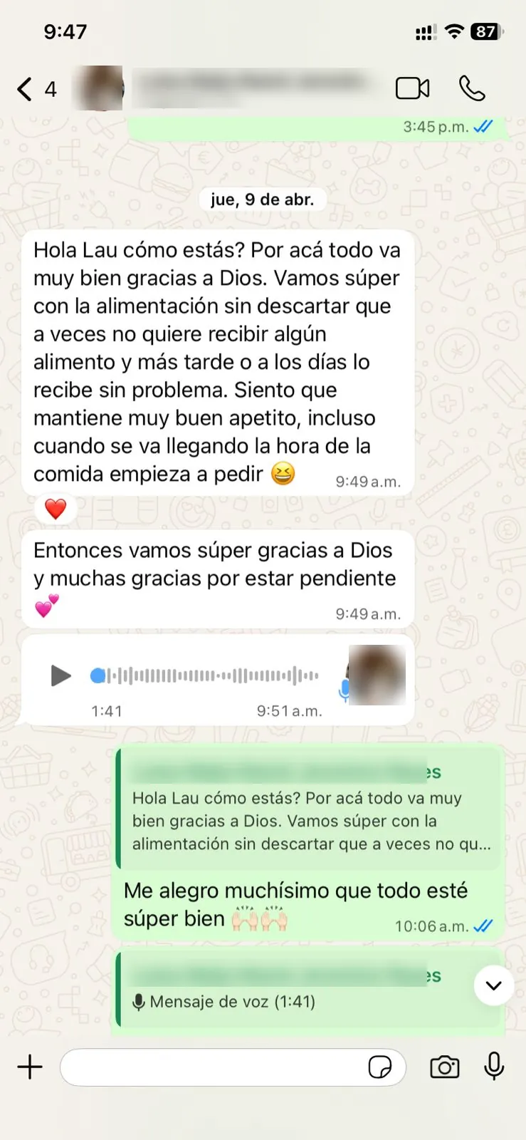 Mensaje de una mamá: su hijo mantiene buen apetito y pide la comida